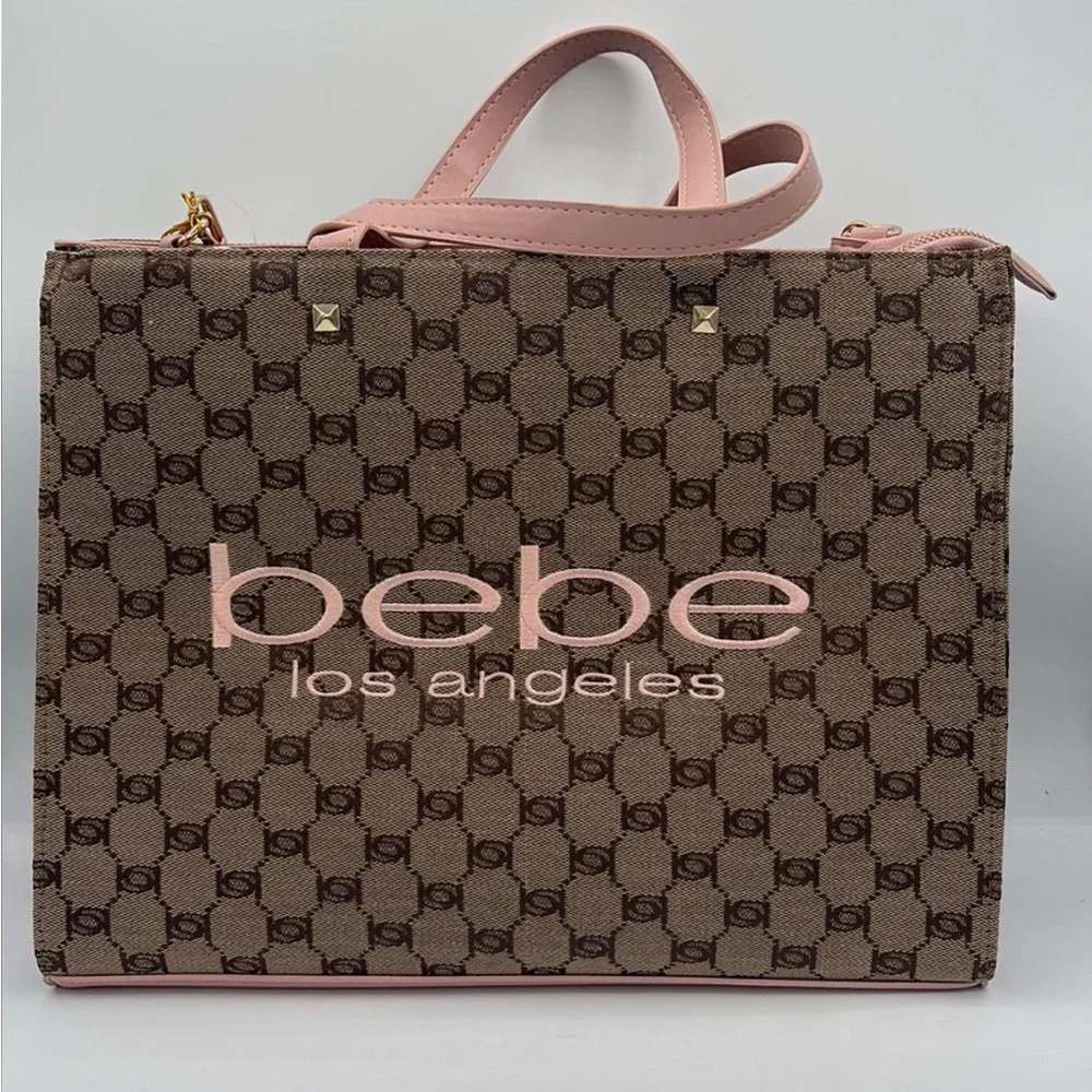 Bebe Signature Pink and Brown Tote Bag